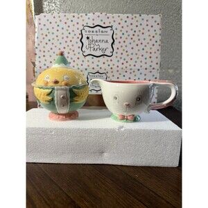 Johanna Parker Sugar & Creamer Set Easter Chick & Bunny Ceramic Colorful New
